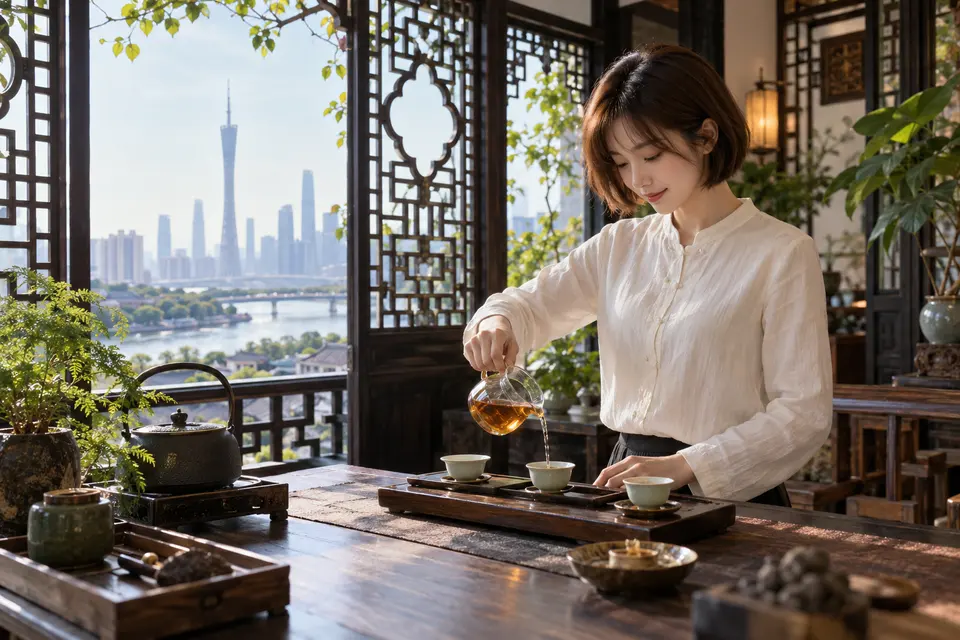 岭南花窗旁的冲泡空间，公道杯与茶席陈设