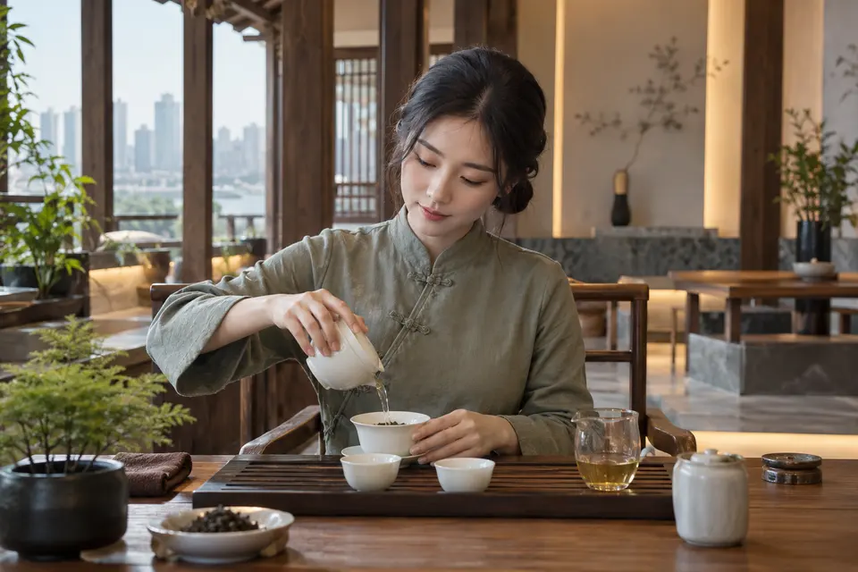 新中式盖碗冲泡场景，桌面摆放盖碗与茶具
