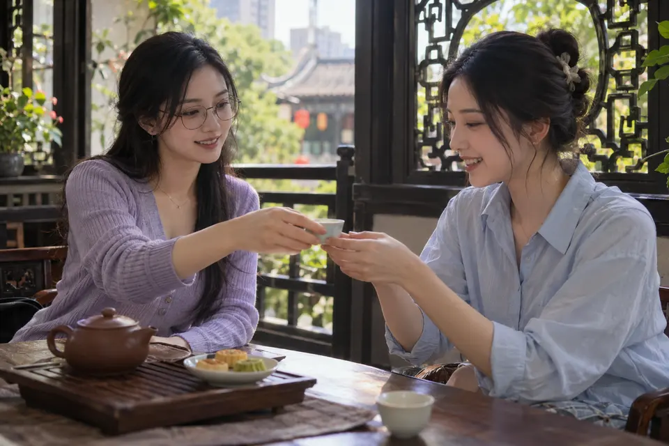 茶点与茶友交流场景，花窗旁摆放茶杯与点心