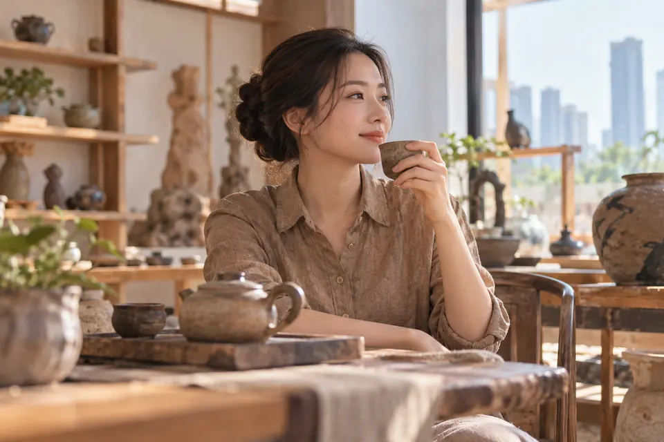 陶艺茶器工作室内摆放的陶制茶具与茶杯
